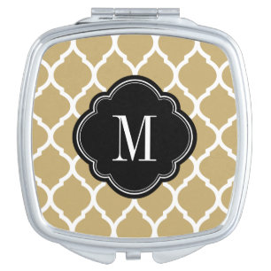 Black and Gold Moroccan Quatrefoil Monogram Makeup Mirror