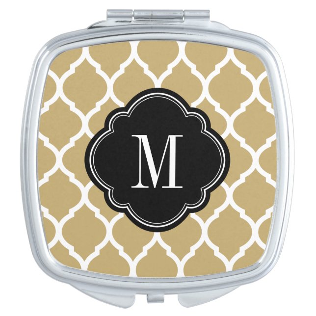 Black and Gold Moroccan Quatrefoil Monogram Makeup Mirror (Front)
