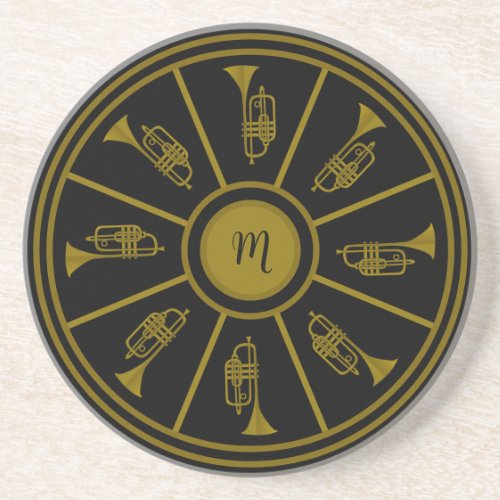 Black and gold motif with trumpets and a monogram coaster