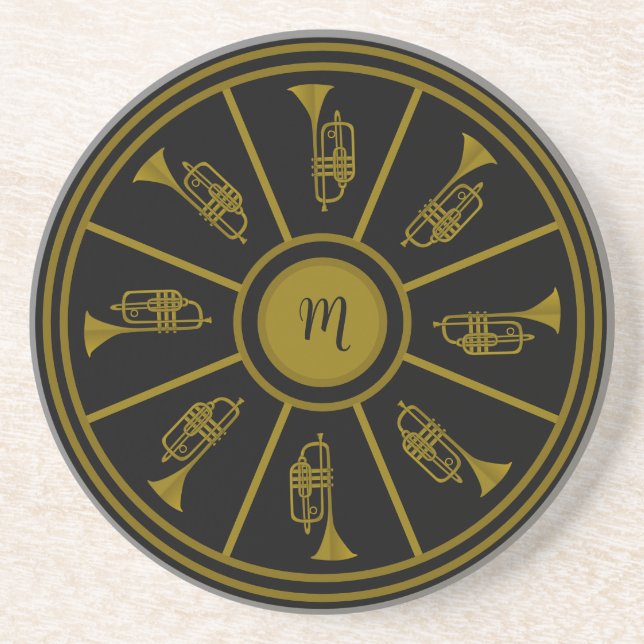 Black and gold motif with trumpets and a monogram coaster (Front)