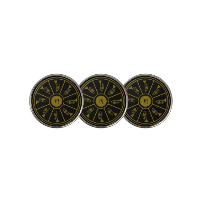 Black and gold motif with trumpets and a monogram golf ball marker (3 Up)