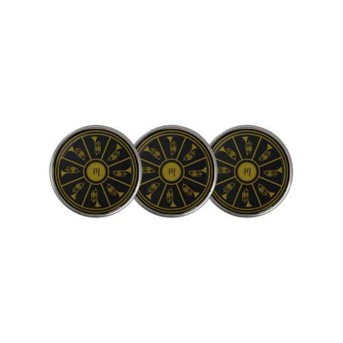 Black and gold motif with trumpets and a monogram golf ball marker