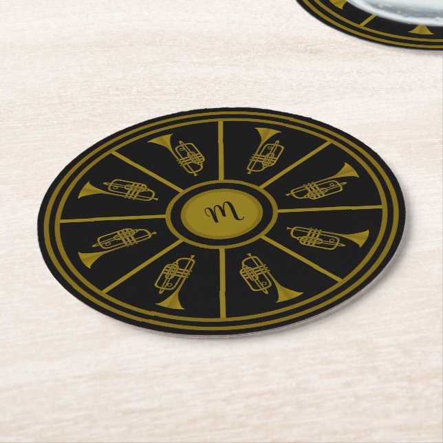 Black and gold motif with trumpets and a monogram round paper coaster (Angled)