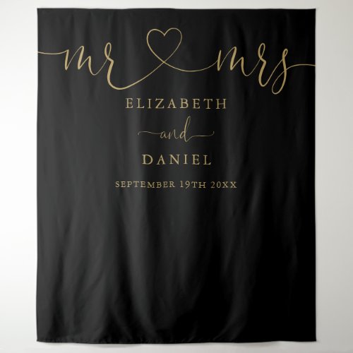 Black And Gold Mr And Mrs Heart Script Wedding Tapestry