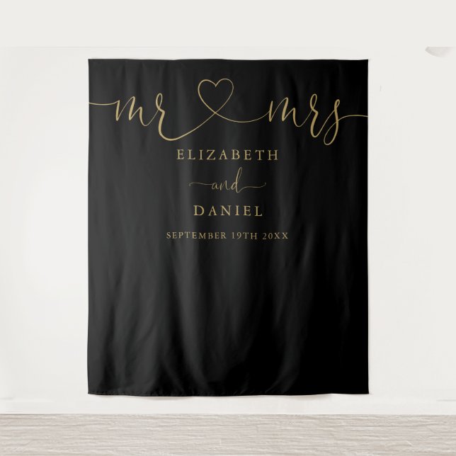 Black And Gold Mr And Mrs Heart Script Wedding Tapestry (Front)