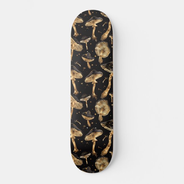 Black and Gold Mushroom Fungi Pattern Skateboard (Front)