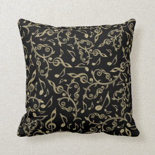 Black and Gold Music Notes and Clefs Throw Pillow