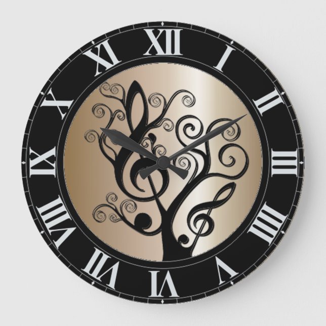 Black and Gold Music Treble Clef Tree Wall Clock (Front)