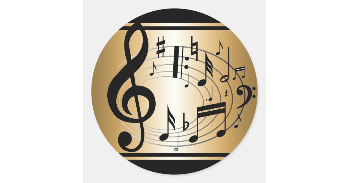 Black and Gold musical notes background Classic Round Sticker Zazzle