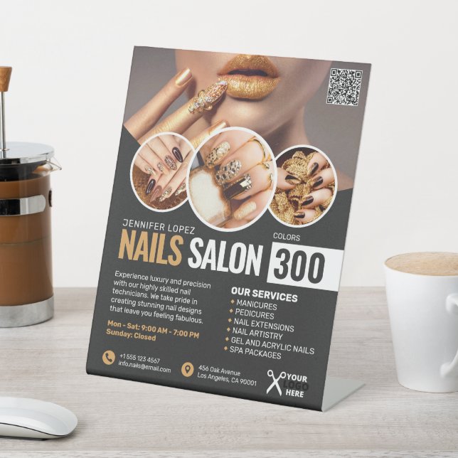 Black and Gold Nail Salon, Beauty Salon Pedestal Sign (In SItu)