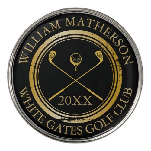 Black and Gold Name And Club Name Date Golf Ball Marker