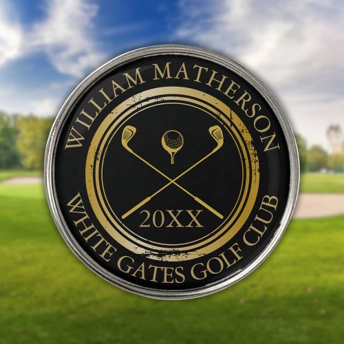 Black and Gold Name And Club Name Date Golf Ball Marker