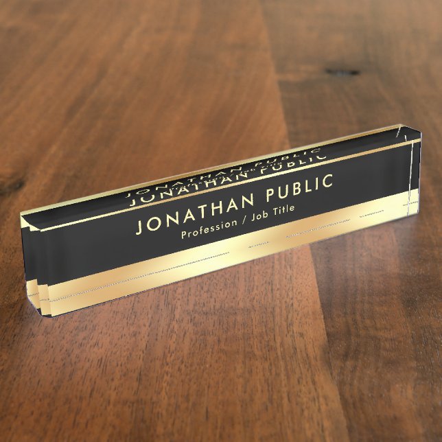 Black And Gold Name Text Elegant Template Modern Desk Name Plate (Side)