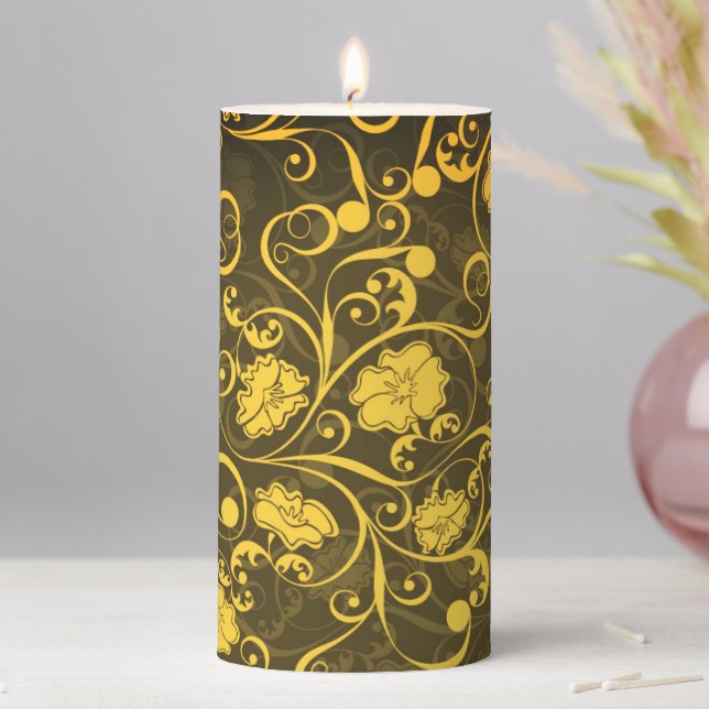 Black and Gold Nature Illustrated Floral Pattern  Pillar Candle (In Situ)