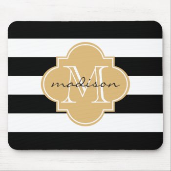 Black And Gold Nautical Stripes Custom Monogram Mouse Pad by cardeddesigns at Zazzle