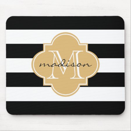 Black And Gold Nautical Stripes Custom Monogram Mouse Pad