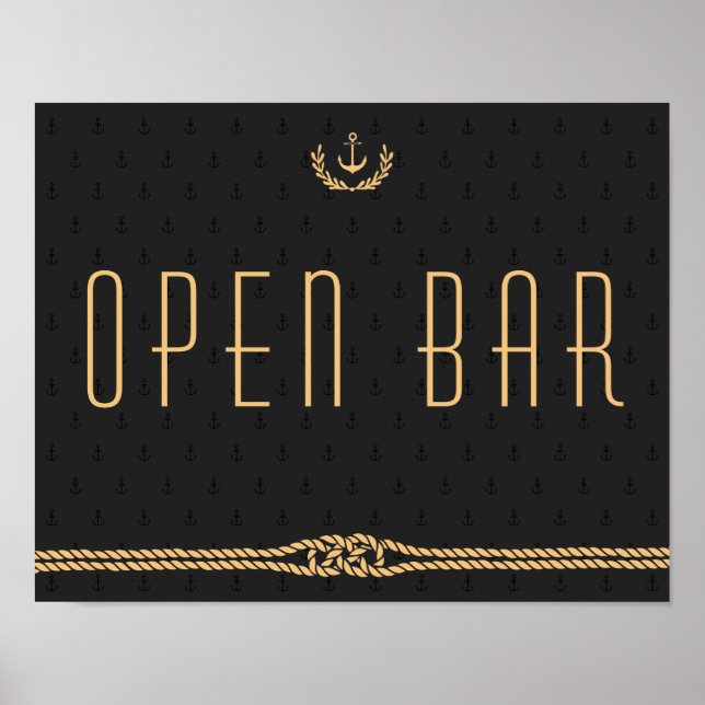 Black And Gold Nautical Wedding Open Bar Sign (Front)