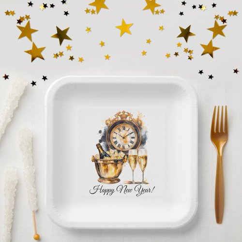 Black and Gold New Years Eve Paper Plates