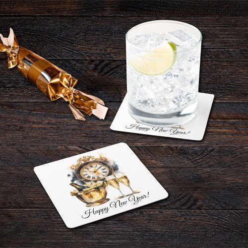 Black and Gold New Yearâs Eve Square Paper Coaster