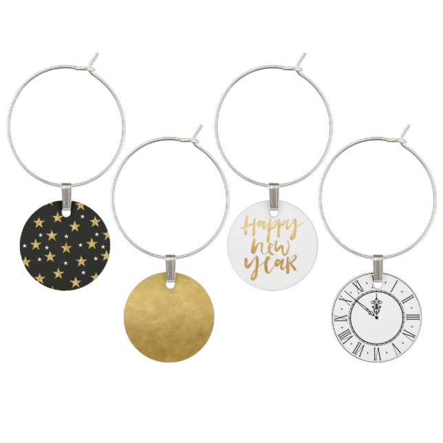 Black and Gold New Years Clock Wine Charm (Staggered)