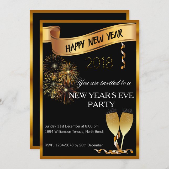 Black and Gold New Year's Eve Invite (Front/Back)