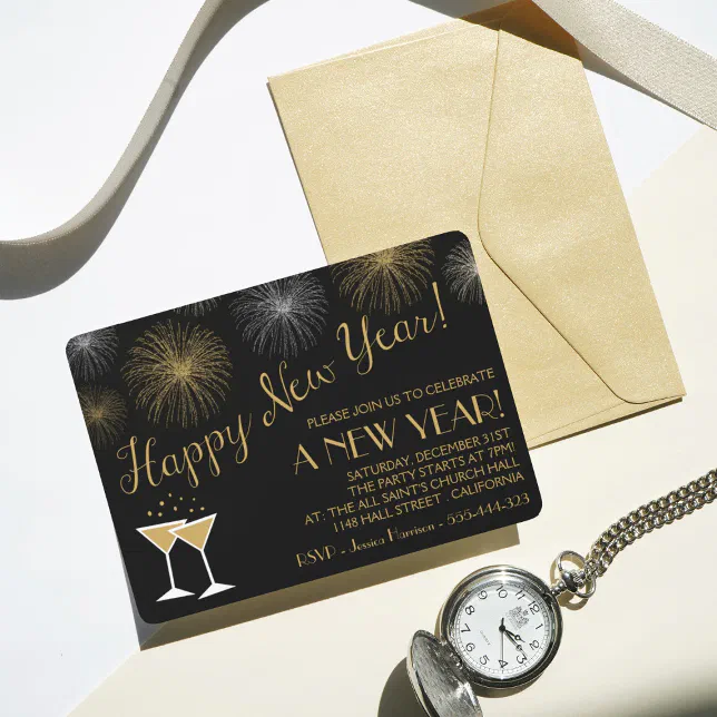 Black and Gold New Years Eve Party Invitations | Zazzle