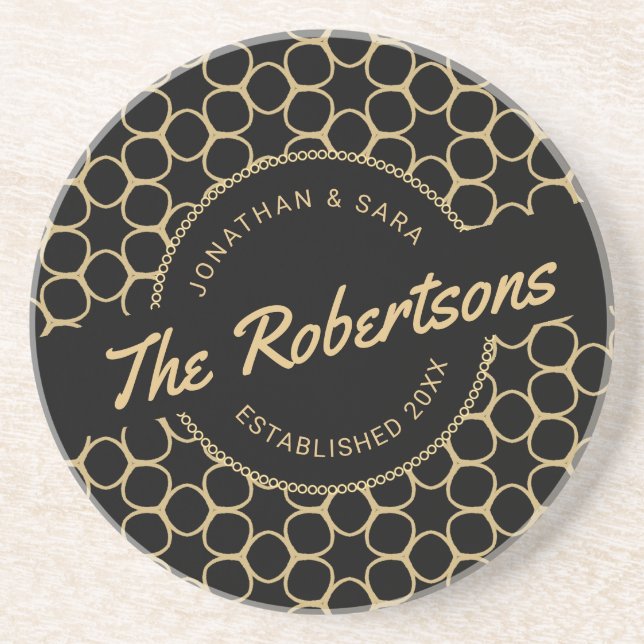 Black and Gold Newlywed Keepsake Sandstone Coaster (Front)