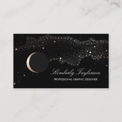 Black and Gold Night Stars Crescent Moon Modern Business Card
