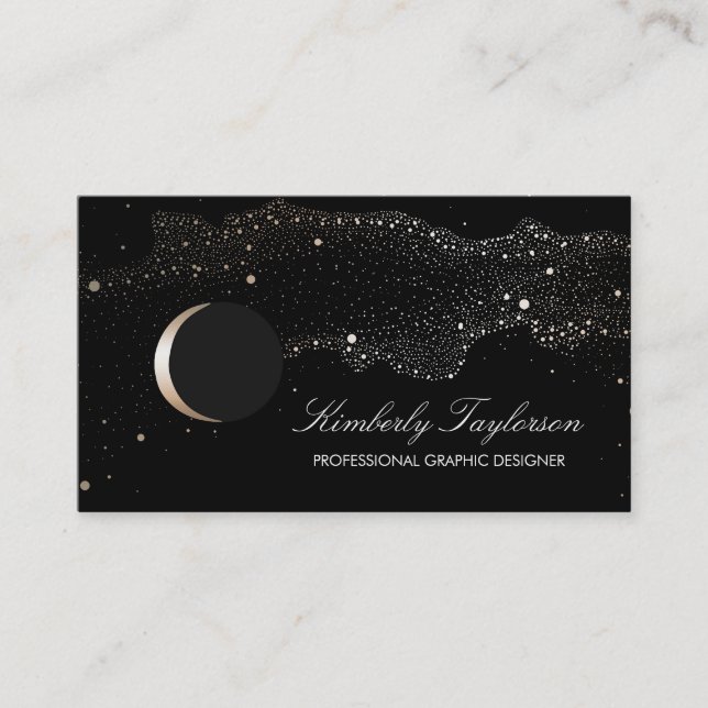 Black and Gold Night Stars Crescent Moon Modern Business Card (Front)
