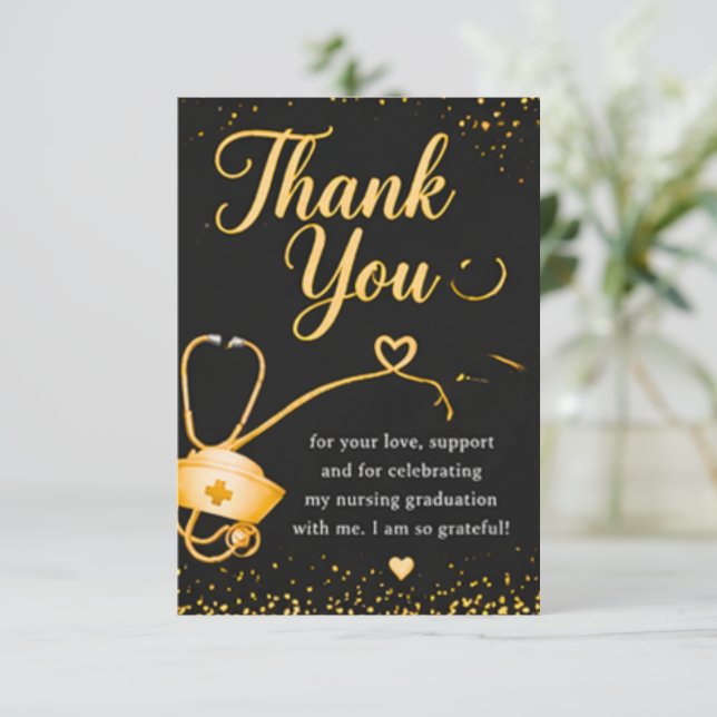 Black and Gold Nursing Graduation Thank You Card w (Standing Front)