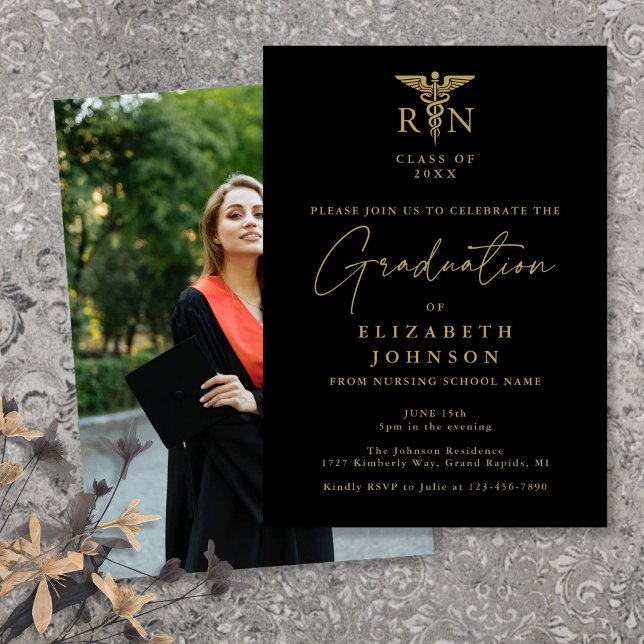 Black And Gold Nursing Photo Graduation Party Invitation (Black And Gold Nursing Photo Graduation Party Invitation)