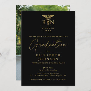 Black And Gold Nursing Photo Graduation Party Invitation