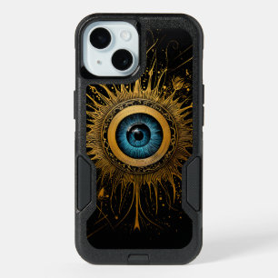 Black and Gold Occult Blue Evil Eye Starburst iPhone 15 Case