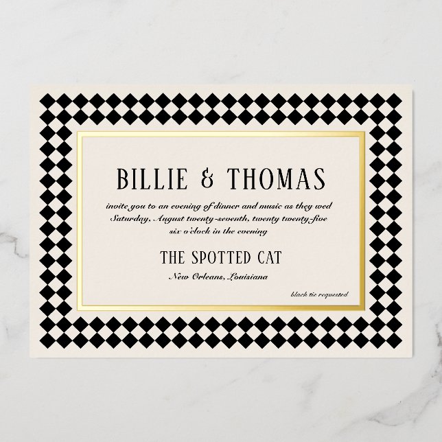 Black and Gold on Ivory Checkerboard Border Jazz Foil Invitation (Front)