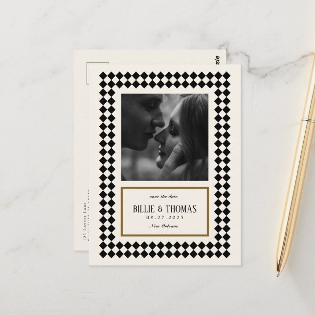 Black and Gold on Ivory Checkerboard Border Jazz Postcard (Front/Back In Situ)