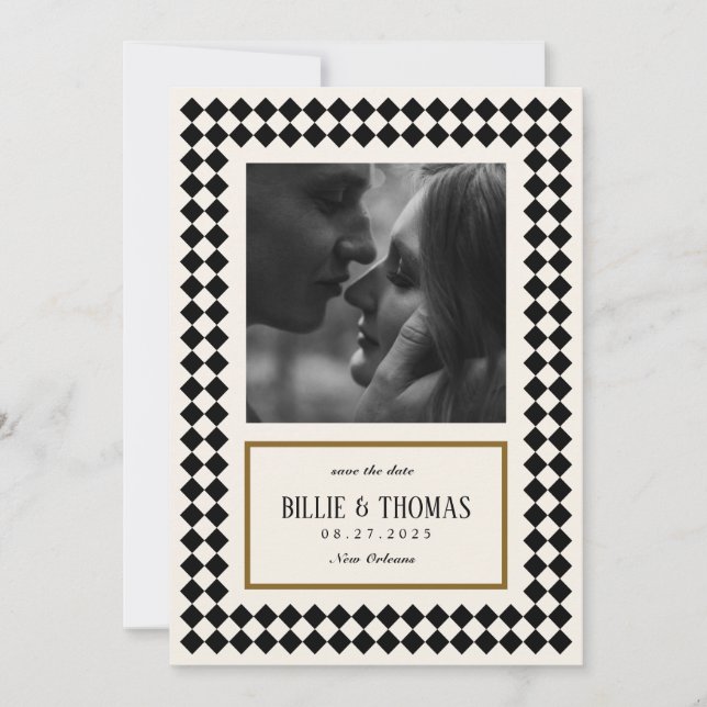Black and Gold on Ivory Checkerboard Border Jazz Save The Date (Front)
