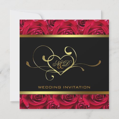 Black and Gold on Red Roses Wedding Invitation