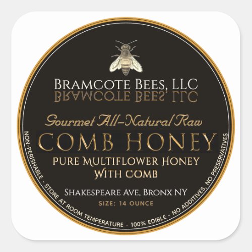Black and Gold on White Square Comb Honey Label 