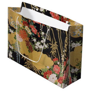 Black and Gold Oriental Japanese Kimono Floral Large Gift Bag