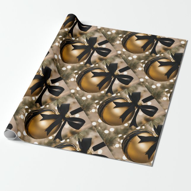 Black and Gold Ornament Photo Wrapping Paper (Unrolled)