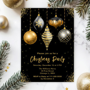 Black and Gold Ornaments Christmas Party Invitation