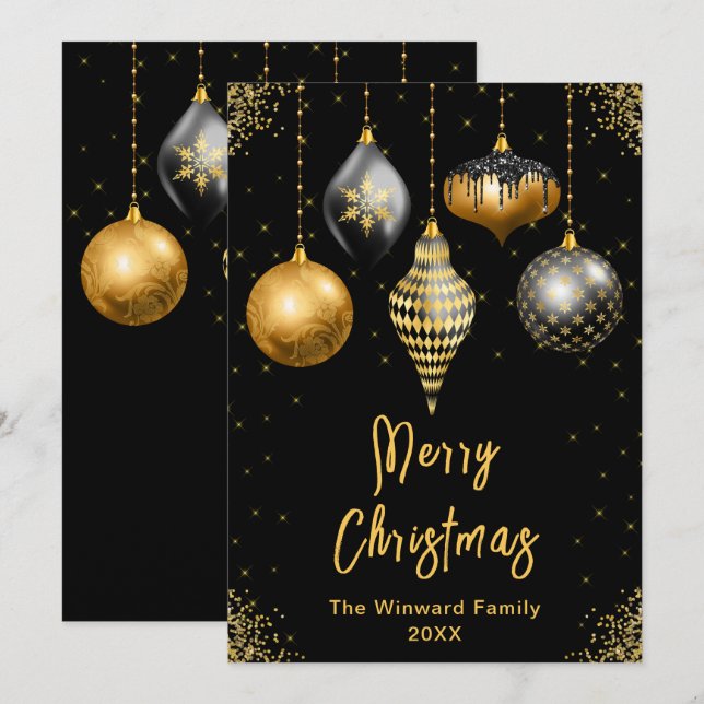Black and Gold Ornaments Merry Christmas Holiday Card (Front/Back)
