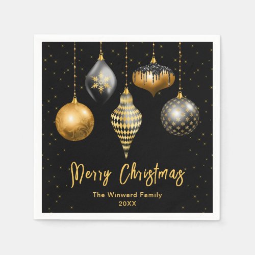 Black and Gold Ornaments Merry Christmas Napkins