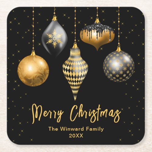 Black and Gold Ornaments Merry Christmas Square Paper Coaster