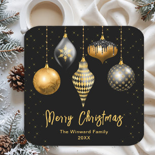 Black and Gold Ornaments Merry Christmas Square Paper Coaster
