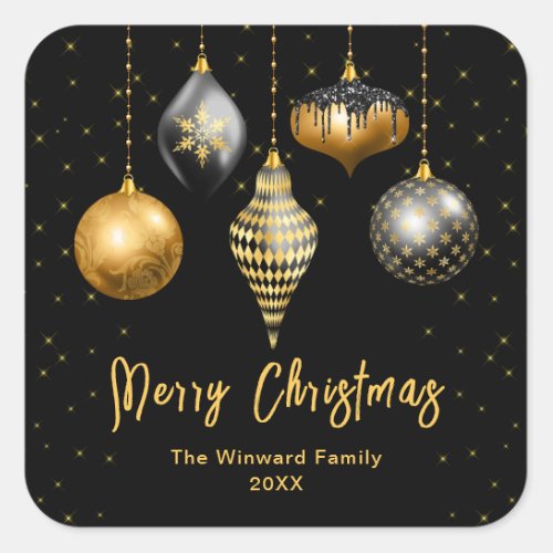 Black and Gold Ornaments Merry Christmas Square Sticker