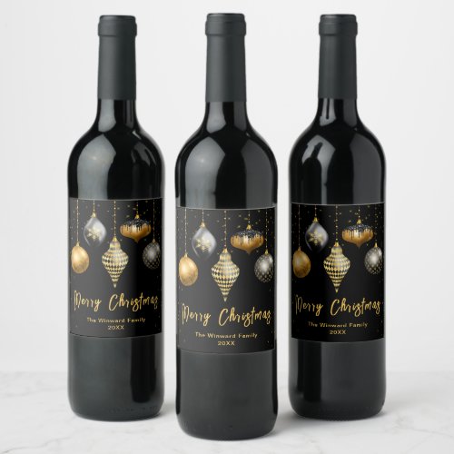 Black and Gold Ornaments Merry Christmas Wine Label