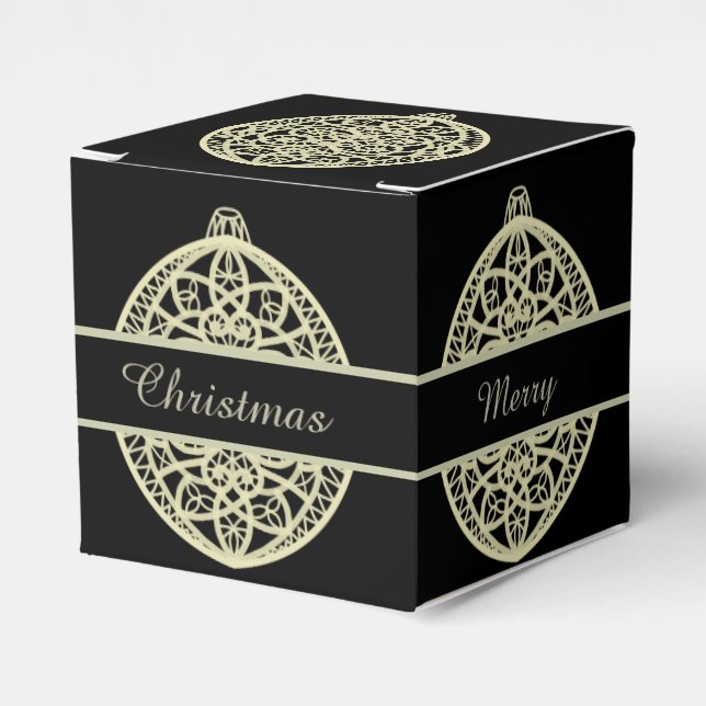 Black and Gold Ornate Bauble Merry Christmas Favor Boxes (Front Side)