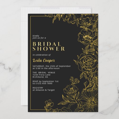Black and Gold Ornate Elegant Moody Bridal Shower Foil Invitation