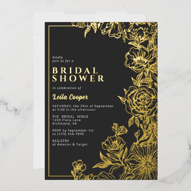 Black and Gold Ornate Elegant Moody Bridal Shower Foil Invitation (Envelope)